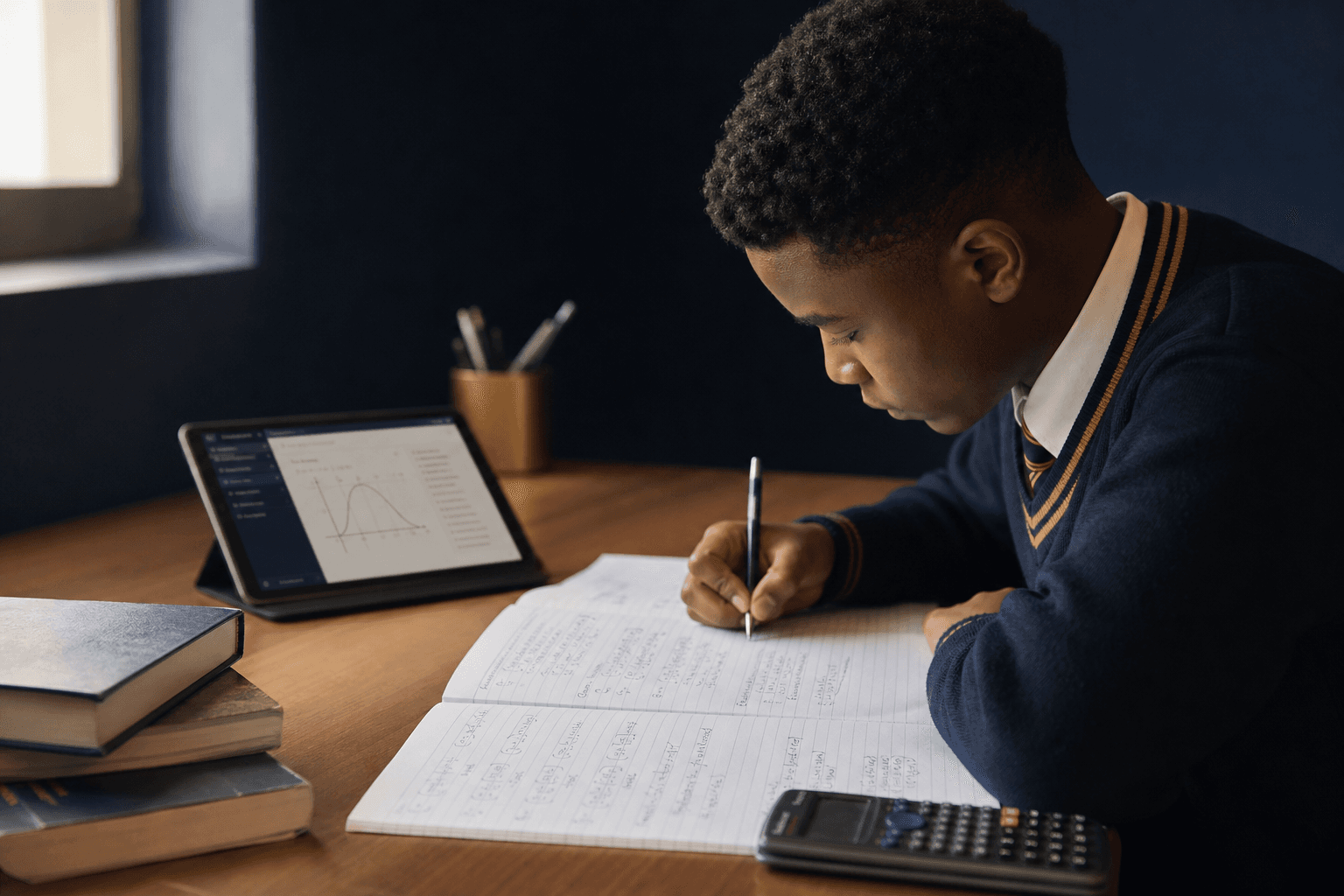 Grade 12 learner studying mathematics with notes, calculator, and a digital lesson